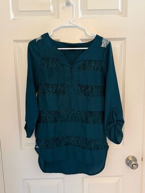 Ingear Teal Lace-Striped V-Neck Tunic